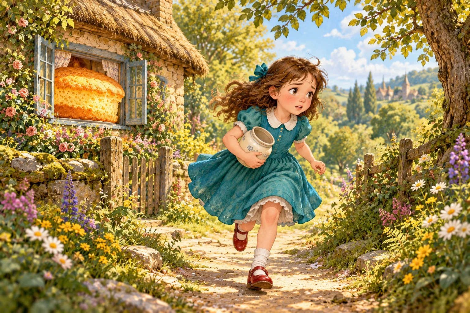 עליסה ממהרת בשביל עם הצנצנת הריקה כדי לחפש עזרה.