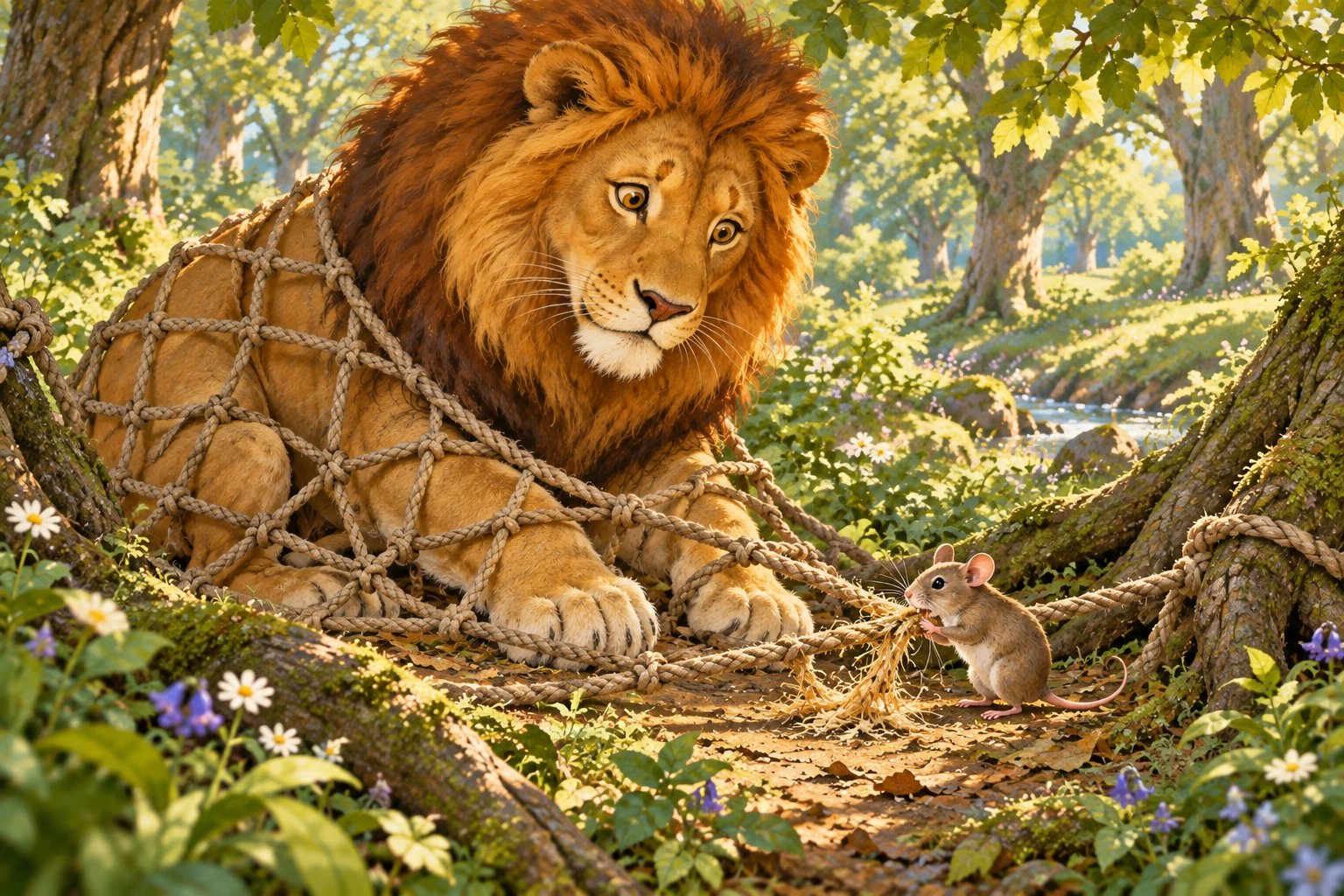 The mouse gnaws through a rope in a net around the lion, making an opening so he can escape.