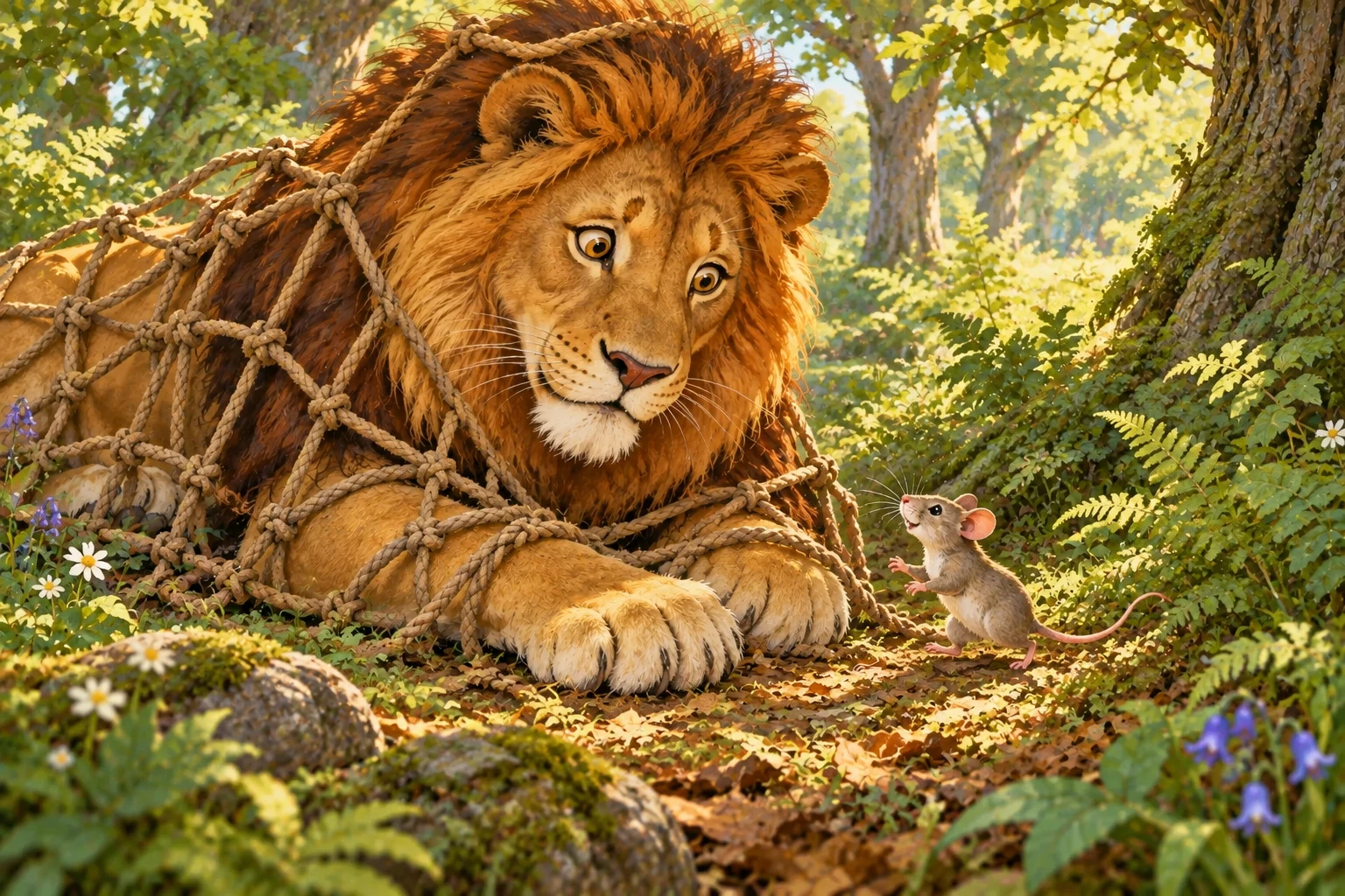 The lion is tangled in a rope net as the mouse approaches.