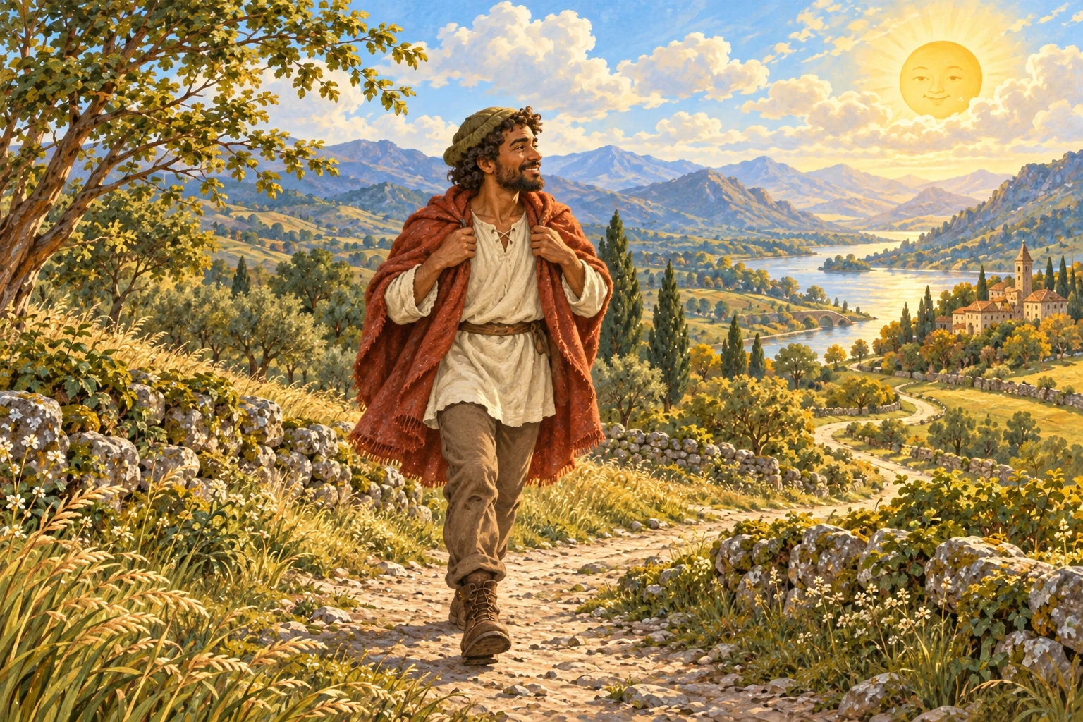 The traveler loosens his cloak in the gentle sunshine.