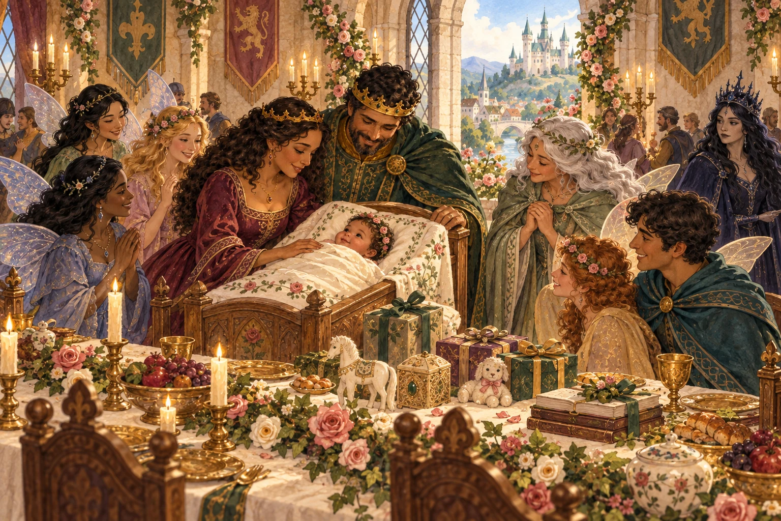 Fairy guests gather around the royal cradle at a feast with golden plates.
