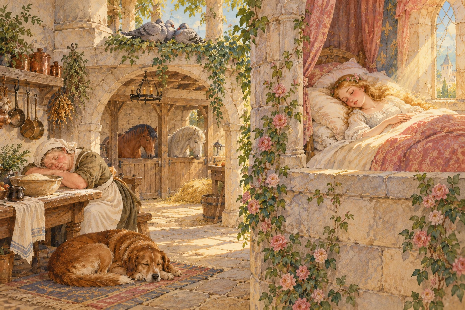 Dogs curled on rugs; horses rested in their stalls; pigeons tucked their heads beneath their wings.
