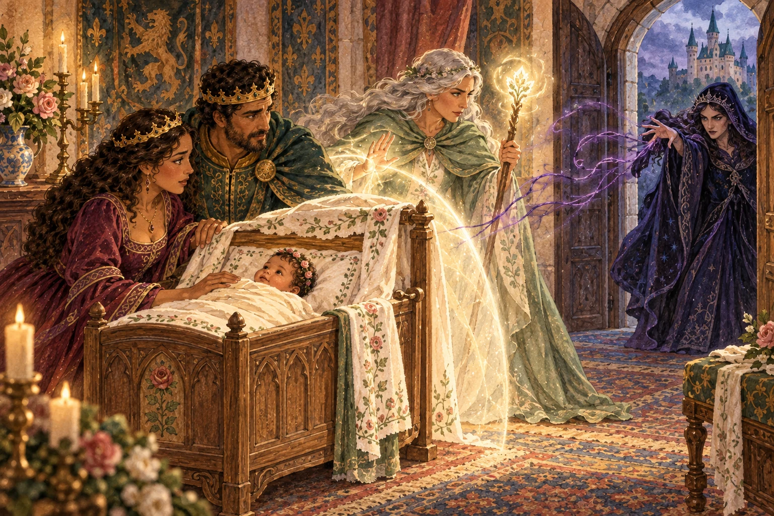 An angry fairy stands at the door while a kind fairy raises a comforting light near the cradle.