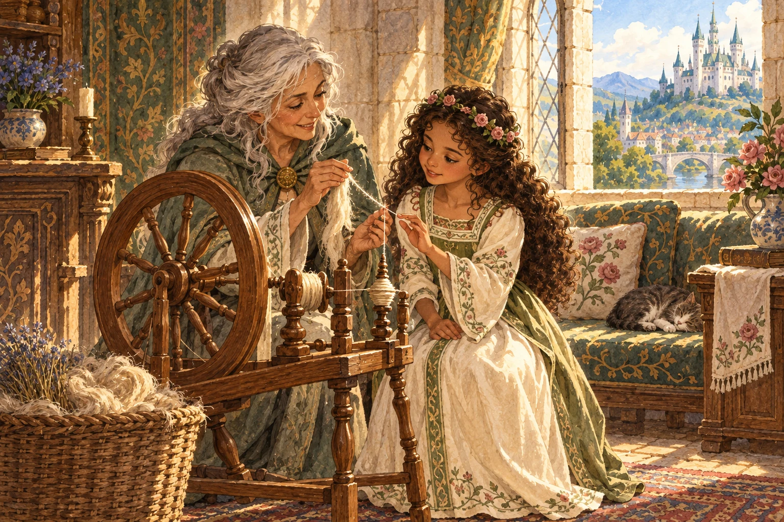 An elderly spinner shows Rose the shining thread on a wooden spinning wheel.