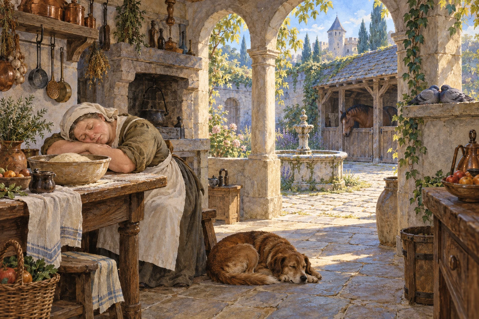 The cook, a dog, horses and pigeons rest peacefully as enchanted sleep settles over the castle.