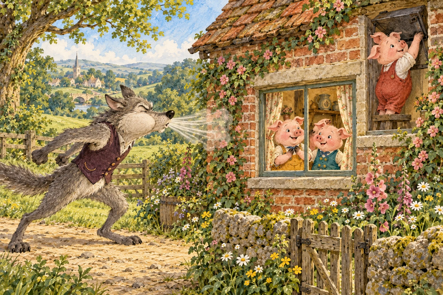 The wolf puffs outside the sturdy brick house while all three pigs remain safe inside.