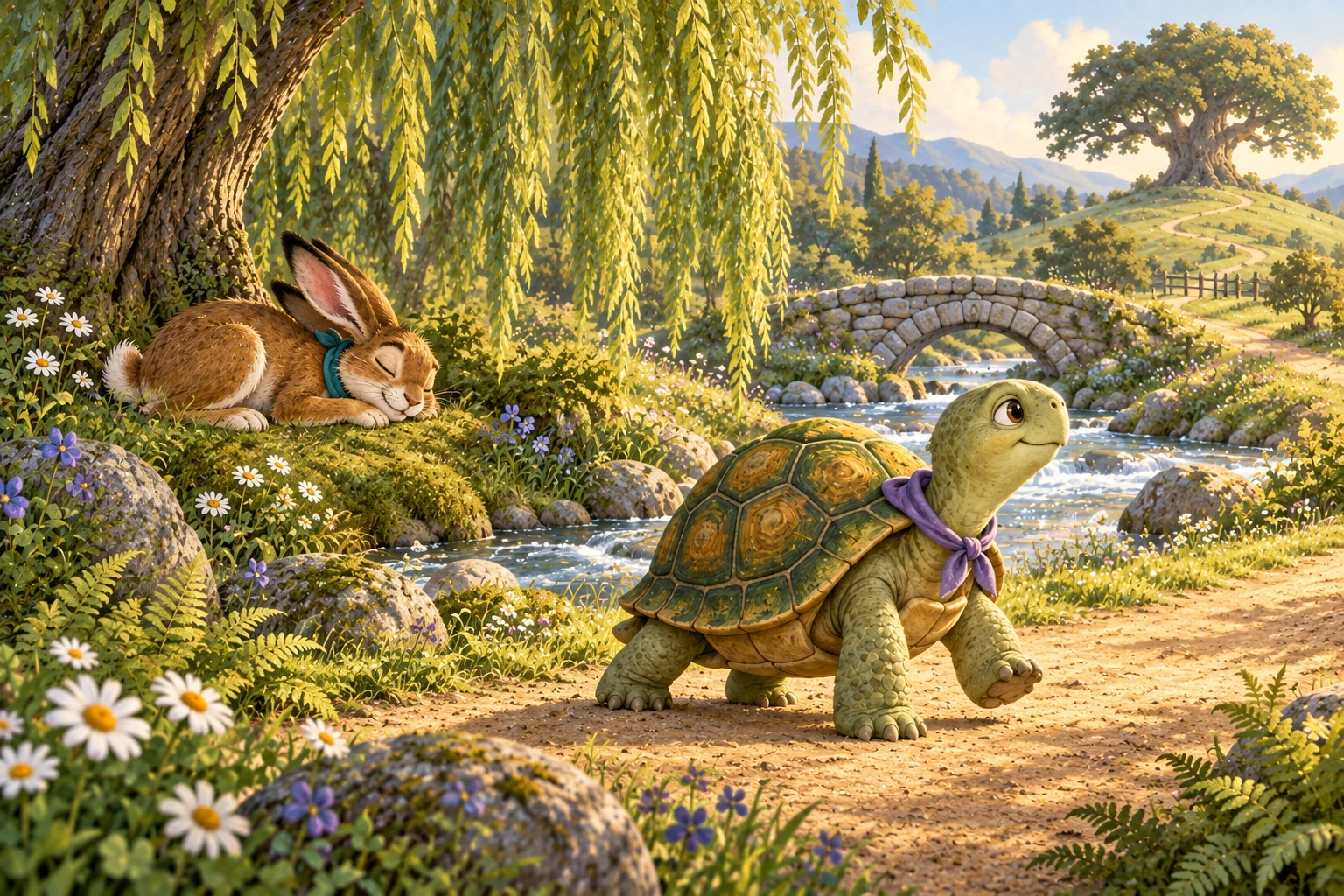 Hare sleeps on soft moss beneath a willow by the stream while Tortoise continues along the sunlit path toward the hill.