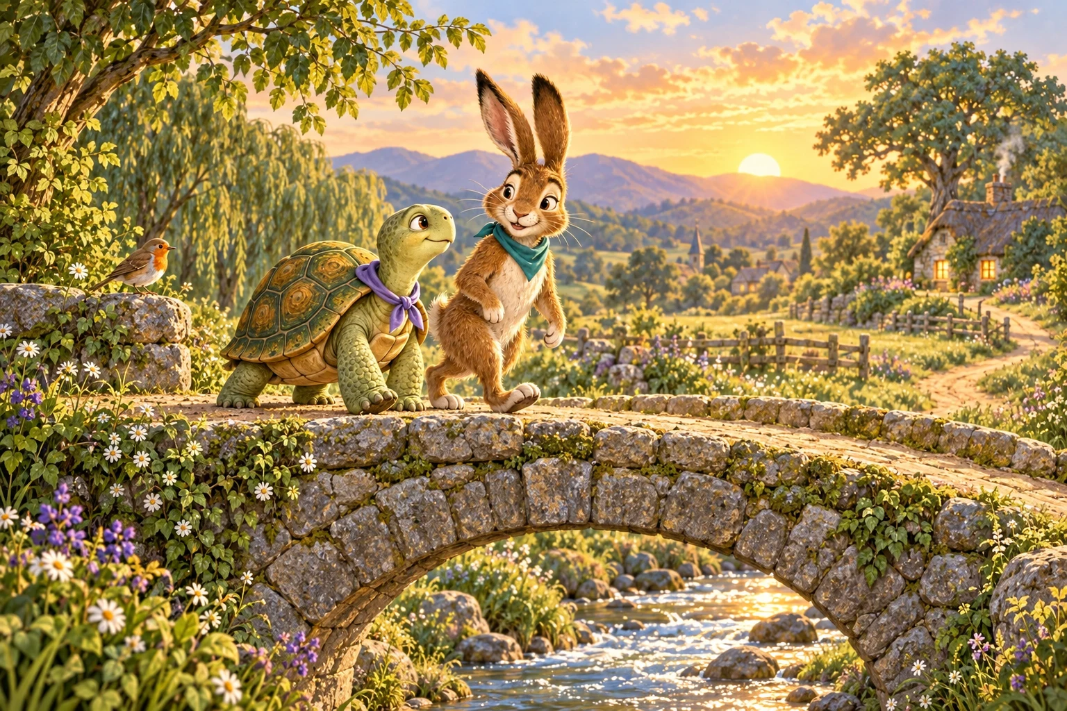 Tortoise and Hare walk side by side across the stone bridge on their way home.
