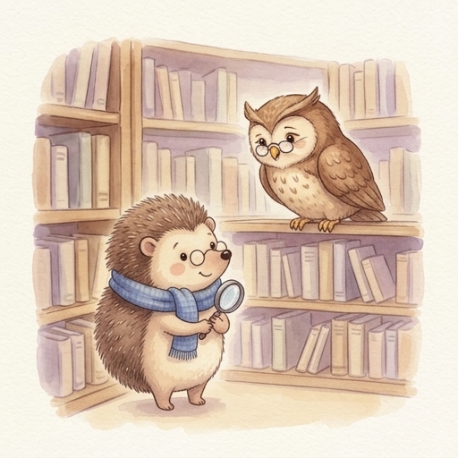 Hami meets a wise owl on a library shelf.